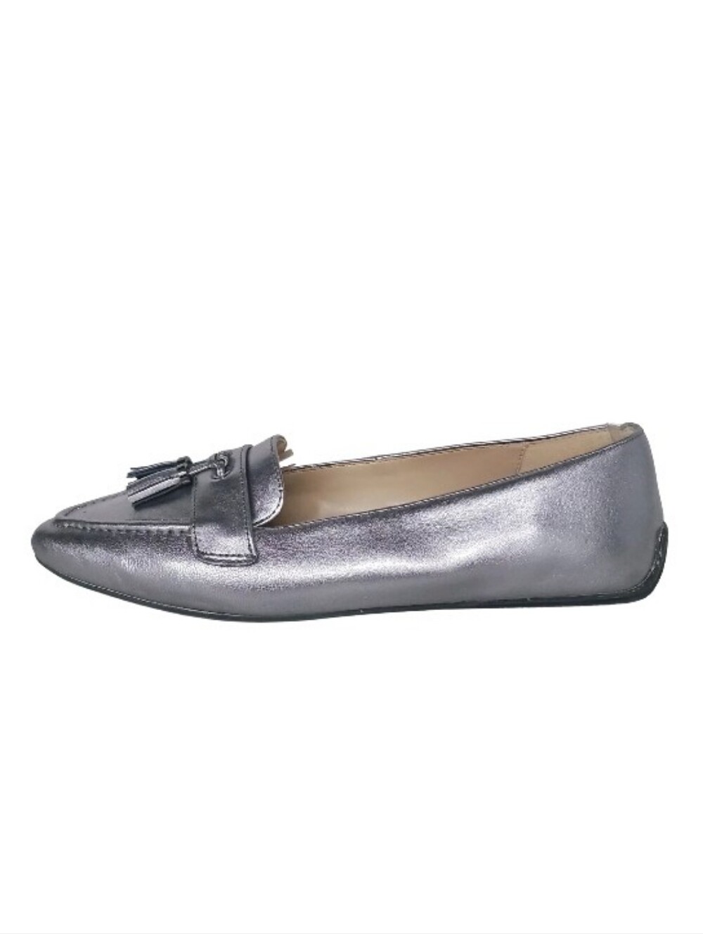 Talbots Loafer Women's 9 Silver Metallic Leather Pointed Toe Tassel Dressy Shoes